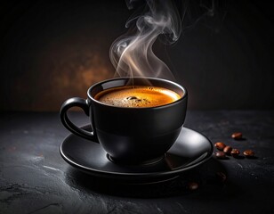 Fototapeta premium A black cup full of hot, delicious coffee. Coffee beans next to it.
