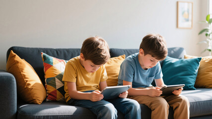 Bad posture problem in children caused by tablet use in modern living room interior