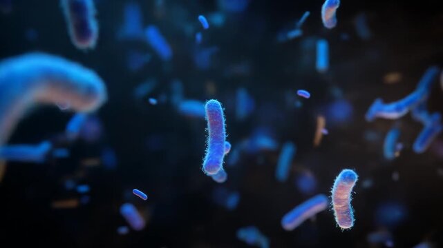 Microscopic view of many illuminated, blue rod-shaped bacteria floating in darkness