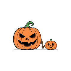 Two Carved Halloween Pumpkins Smiling with a Small Pumpkin Holding Hands, Vector Illustration