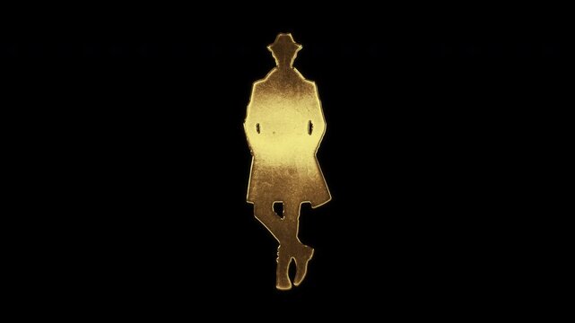 Man in trench coat with slightly reflected outlines on a gold foil-like surface, loop, alpha channel

