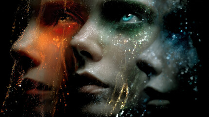 An ethereal representation of layered faces adorned with cosmic-themed colors and textures, evoking depth and wonder.