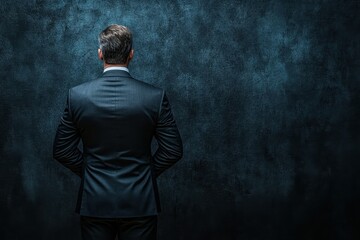 A businessman in a suit stands against a textured dark wall, contemplating his next move