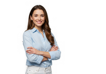 Smiling business woman with crossed arms isolated on transparent background