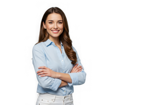 Smiling business woman with crossed arms isolated on transparent background