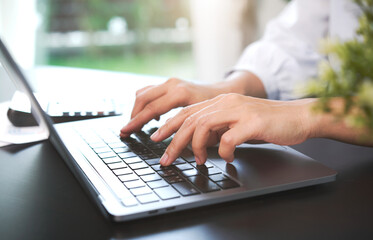 Close-up of hands typing on laptop keyboard with blurred green plant on table background