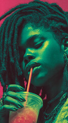 A young person enjoys a colorful drink, captured in a vibrant, surreal hue that evokes refreshment and chill vibes for the moment.