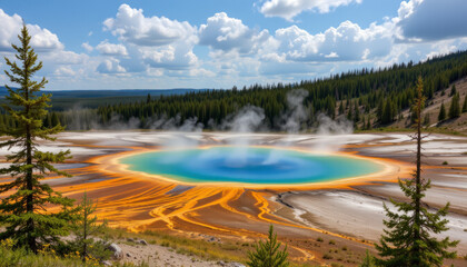 Stunning geothermal features in Yellowstone National Park showcase vibrant colors and steam