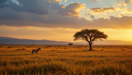 serene savanna landscape featuring zebra under sunset sky