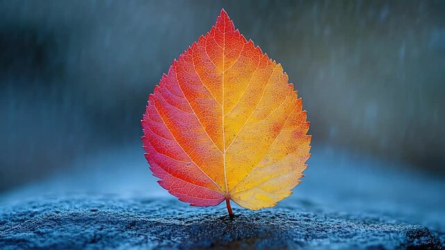 A single leaf sits atop a rock, highlighting its delicate shape and the contrast between its green color and the rocky surface