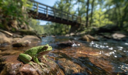 Green tree frog resting on a wet rock in a clear forest stream.