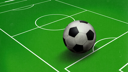 Modern collage. Giant soccer ball on green marked football field. Concept of global sport, passion, competition, branding, publishing and creative advertising visuals.