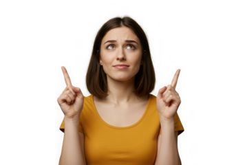 Confused young woman pointing up isolated on transparent background looking up