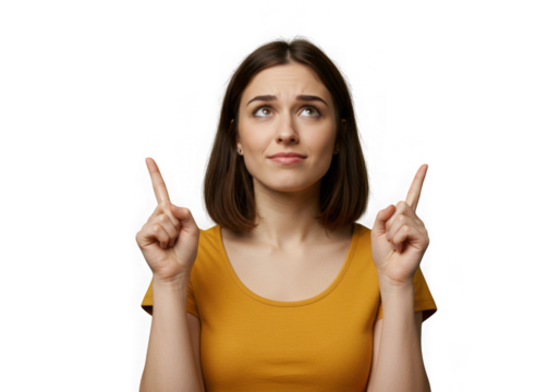 Confused young woman pointing up isolated on transparent background looking up
