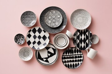 Black and white contrast modern dinnerware, geometric patterns highlighted on a light pastel backdrop