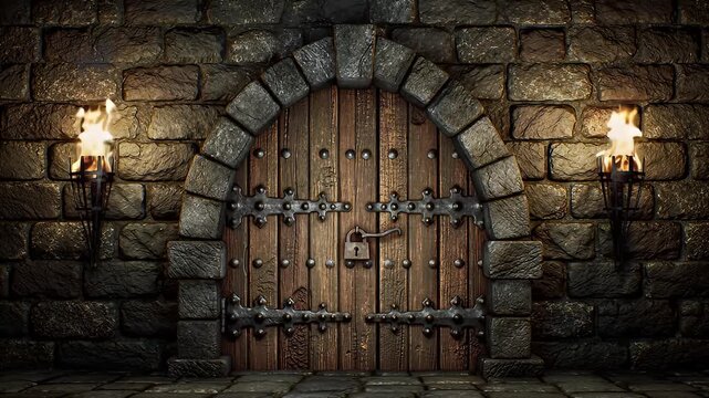 Ancient Stone Wall with Arched Wooden Door and Torch Sconces in Dim Lighting
