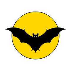 A minimalist graphic illustration of a bat silhouetted against a bright yellow full moon, symbolizing Halloween and nocturnal themes