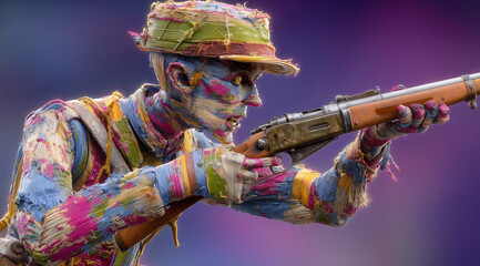 This artistic representation shows a colorful straw figure holding a rifle, blending elements of nature with a soldier's stance.