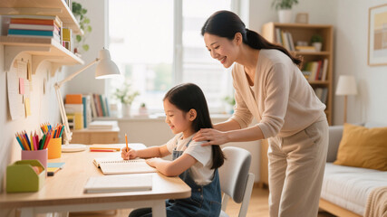 Obraz premium Parent teaching child correct sitting position while studying in cozy sunlit room