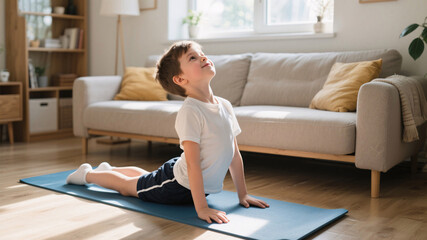 Young boy exercising on yoga mat at home for healthy spine and posture prevention