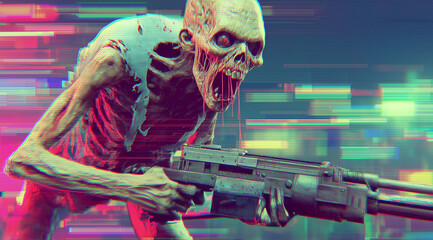 A striking visual of a skeletal zombie aggressively charging forward, gun in hand, showcasing themes of chaos and horror.