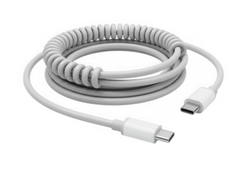 White usb type c coiled cable isolated on transparent background