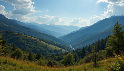 Breathtaking mountain landscape with lush greenery and vibrant flowers