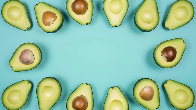 Fresh Avocado Halves Frame on Turquoise Background Top View
