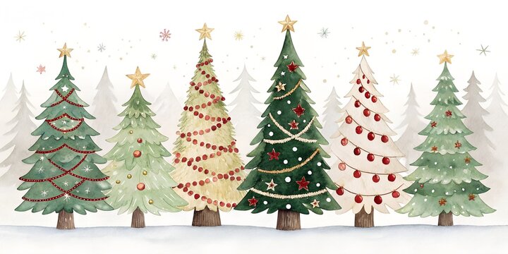 Watercolor Christmas Trees with Decorations and Stars in a Winter Forest Scene