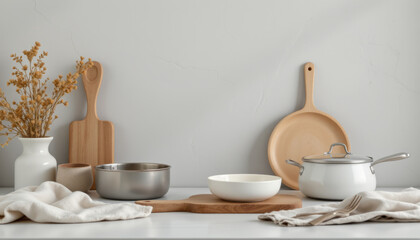 Minimalist kitchen setup with cookware, wooden utensils, and decor