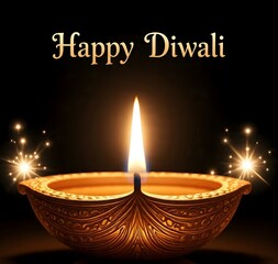Glowing diya with “Happy Diwali” text, warm golden light shining in a dark festive background.