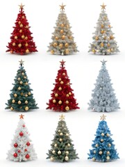 Obraz premium Collection of Nine Colorful Christmas Trees Decorated with Ornaments and Star Toppers