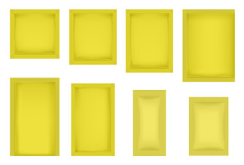 Set of yellow sachets in various shapes and sizes. Square and rectangular, vertical and horizontal. Cosmetic samples, skincare products, food supplements, tea bags, or single-use items