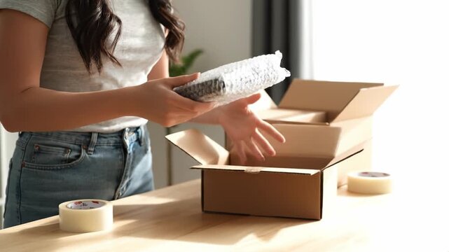 Efficient Packing and Shipping Organizing Workspace with Cardboard Boxes, Bubble Wrap, Tape for Safe Delivery of Items