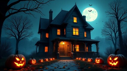 Haunted Castle with Glowing Jack-O’-Lanterns