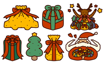 Christmas gifts, Santa, reindeer and tree illustration set