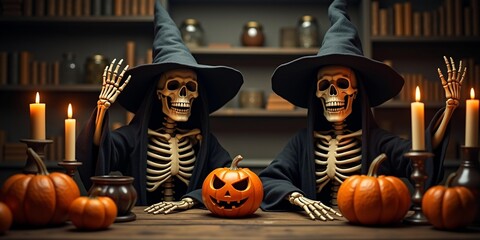 Skeleton Witches with Pumpkins and Candles
