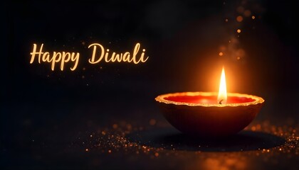 Glowing diya with “Happy Diwali” text, warm golden light shining in a dark festive background.