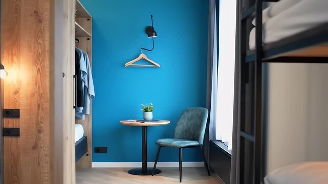 Cozy Blue Hotel Room With Table Chair Wardrobe And Window View