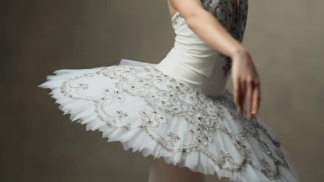 Elegant Ballerina in White Tutu Performing Graceful Dance Moves.