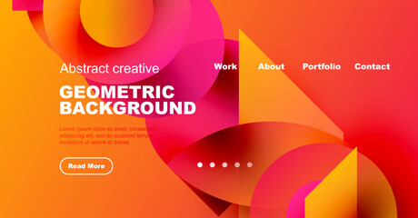Abstract website header design. Vibrant orange, red hues dominate. Geometric shapes create dynamic visual interest. Text details present portfolio information.