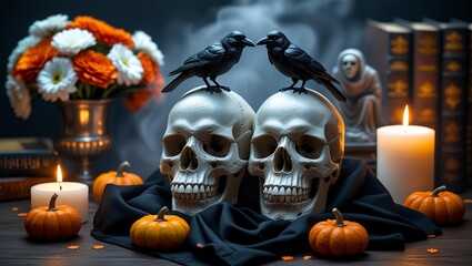 Halloween Skulls with Ravens, Candles, and Pumpkins