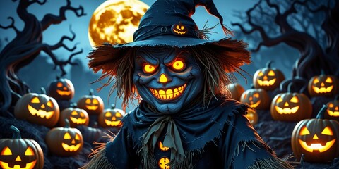 Creepy Halloween Scarecrow with Glowing Pumpkins