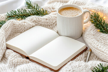 A cozy winter landscape with a hot drink and an open notebook, surrounded by a knitted blanket. Concept for taking stock and setting goals for the new year.