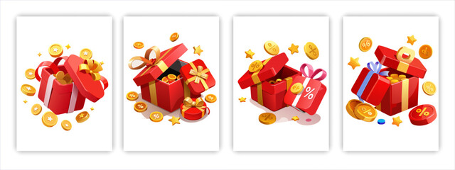 Ribbon gift box ui game bonus icon cartoon vector birthday present reward loot for gui mobile app casino trophy package achievement set isometric giveaway open and close mystery pack with money