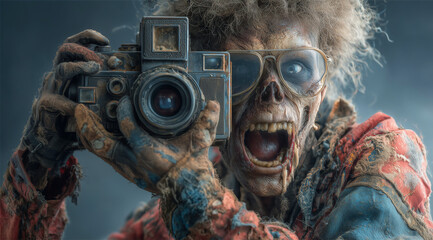 A grotesque yet captivating portrayal of a zombie holding a camera, displaying the blend of horror and intrigue with vivid detail.