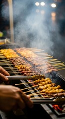 Street Food Skewers Cooking on Grill.