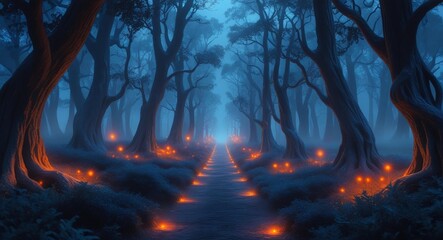 Spooky Halloween Night with Glowing Pumpkins