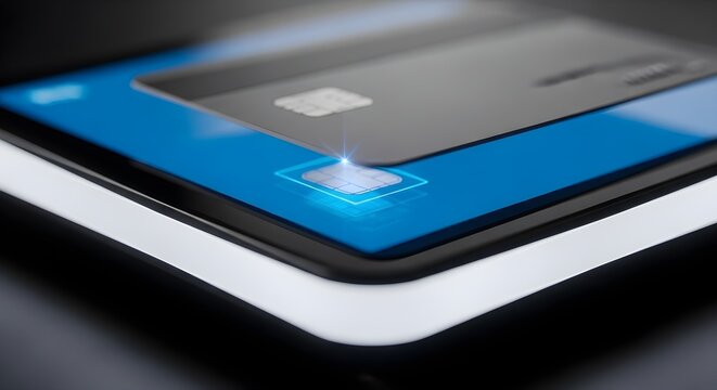 4k macro shot of a sleek, dark credit card resting on a modern black and blue mobile payment device, with a glowing fingerprint sensor against a plain surface, conveying