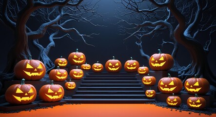 Spooky Jack-O’-Lantern Pumpkins in Haunted Forest